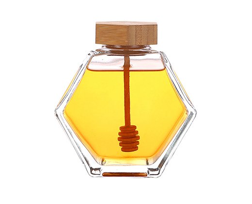 Actual hexagonal glass honey jar from BC Glass product catalogue