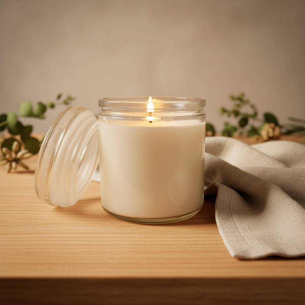 Photograph of a real glass-jar candle, visual mood reference